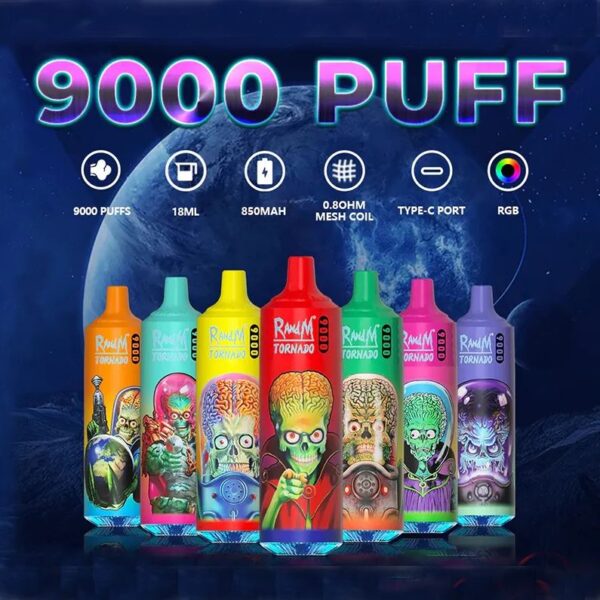 RandM Tornado 9000 Puffs 0% 2% 3% 5% Nikotin engangsvape Engros - JumpVape - 1
